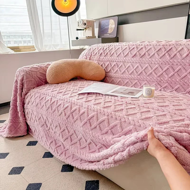 Manta Coral Rosa Fleece Grossa para Sofá e Sala de estar Lenogue