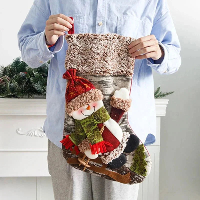 Meia Natalina Decorativa de Cânhamo e Flanela para Lareira 48cm Lenogue Boneco Neve