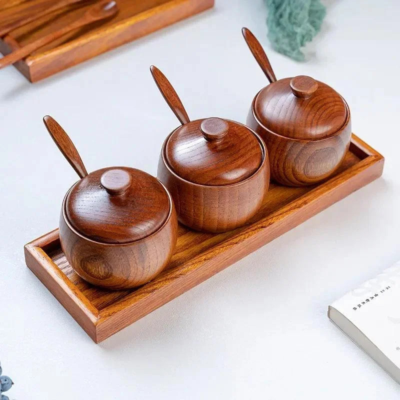 Organizador Porta Temperos em Madeira Maciça Lenogue Conj. 3 Potes com Colher