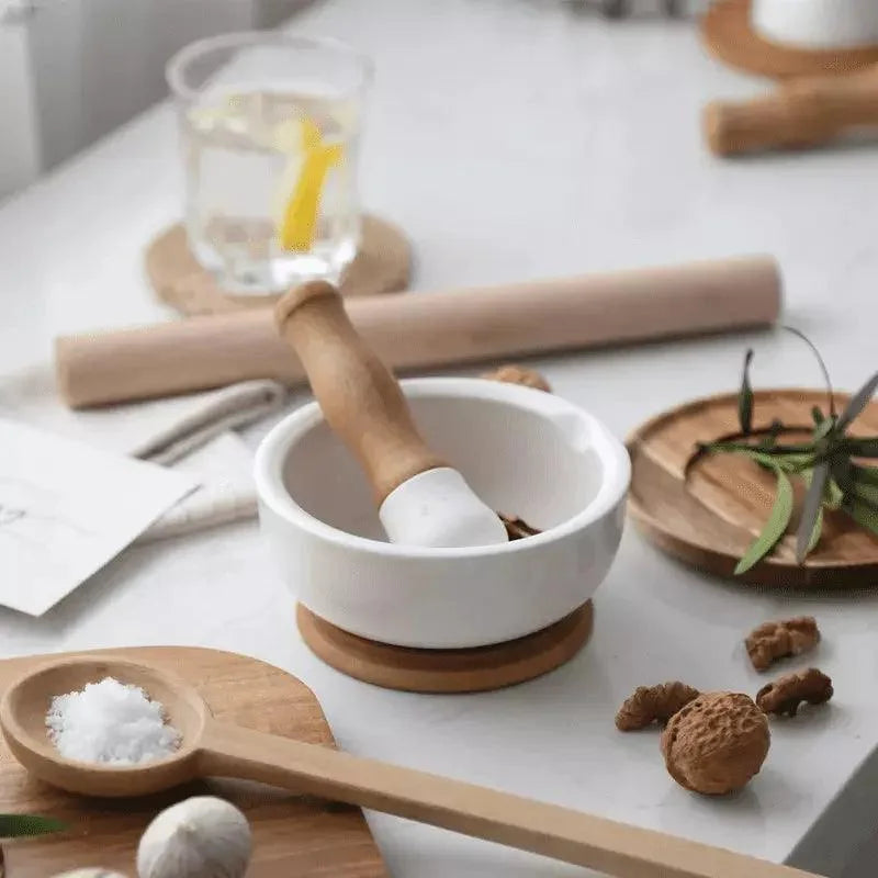 Pilão e Macerador de Cerâmica com Base de Madeira para Cozinha Lenogue