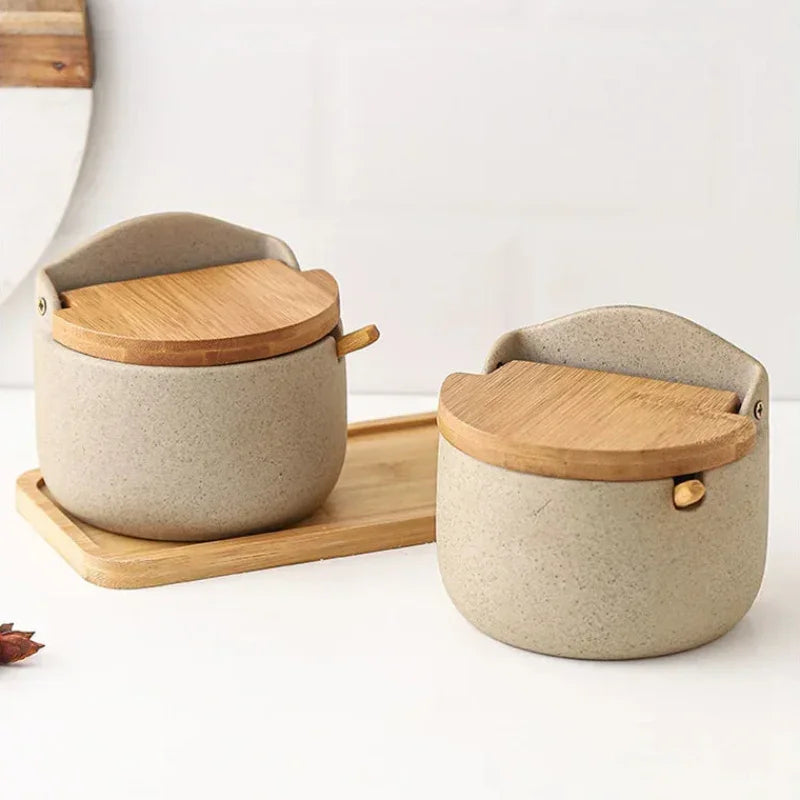 Pote de Temperos de Cerâmica Estilo Japonês com Tampa de Bambu Lenogue