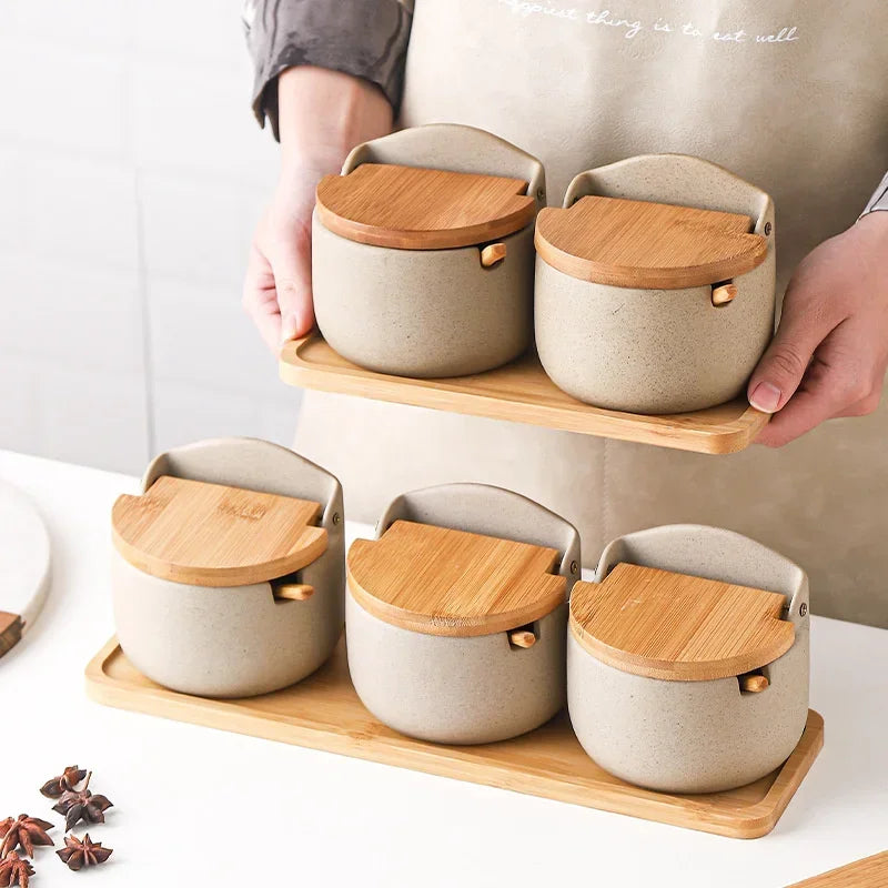 Pote de Temperos de Cerâmica Estilo Japonês com Tampa de Bambu Lenogue