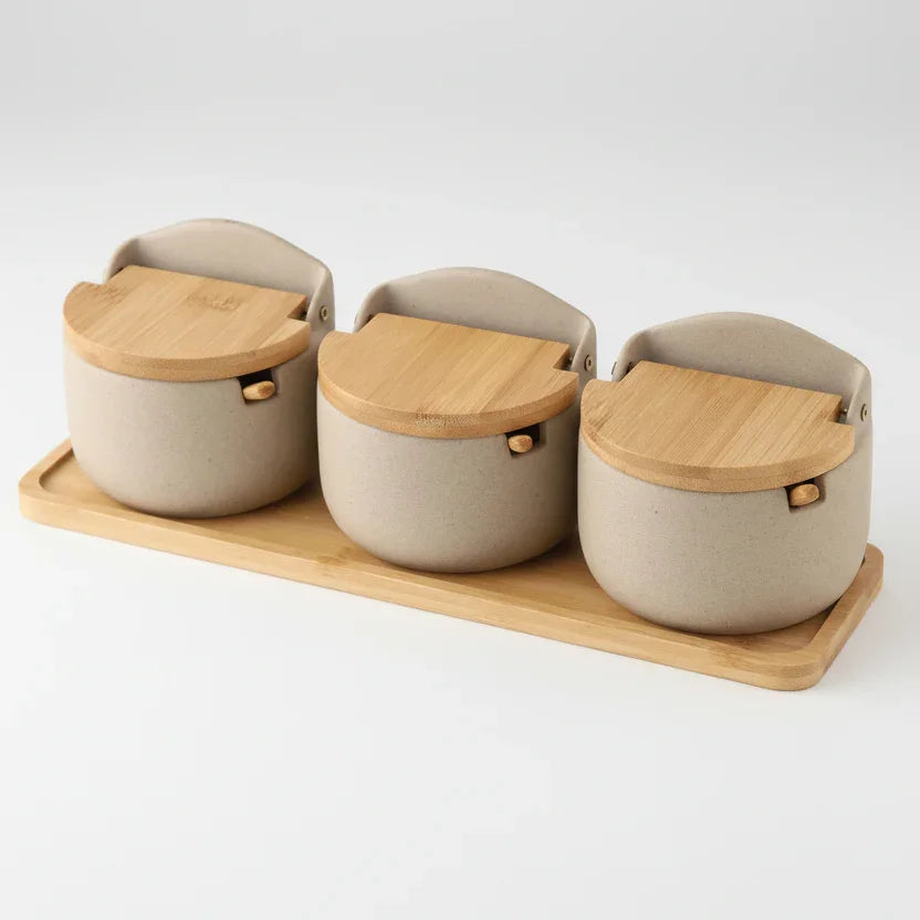 Pote de Temperos de Cerâmica Estilo Japonês com Tampa de Bambu Lenogue