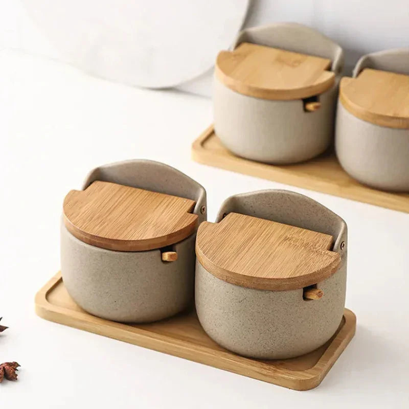 Pote de Temperos de Cerâmica Estilo Japonês com Tampa de Bambu Lenogue