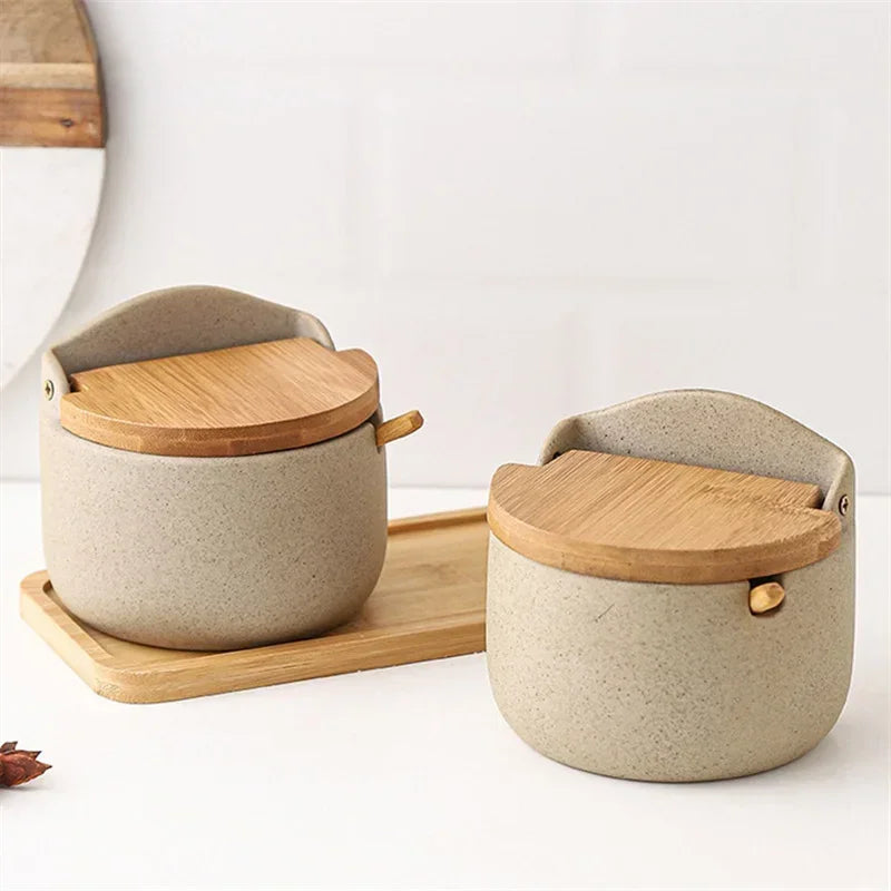 Pote de Temperos de Cerâmica Estilo Japonês com Tampa de Bambu Lenogue Bege (2 Peças)