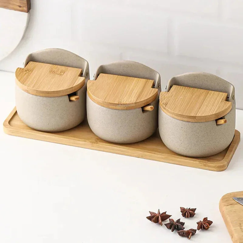 Pote de Temperos de Cerâmica Estilo Japonês com Tampa de Bambu Lenogue Bege (3 Peças)