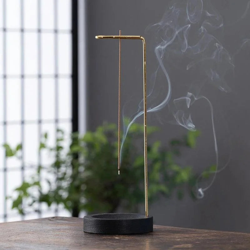 Suporte de Incenso Invertido de Madeira e Metal para Aromaterapia Lenogue Preto e Dourado