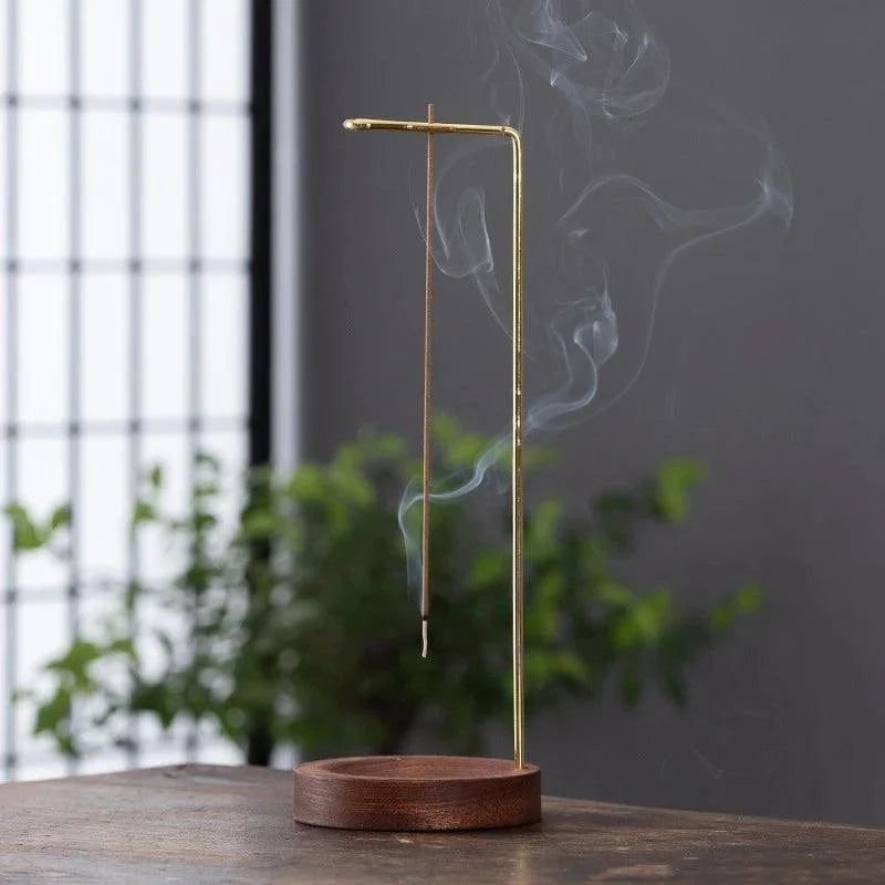 Suporte de Incenso Invertido de Madeira e Metal para Aromaterapia Lenogue Marrom e Dourado