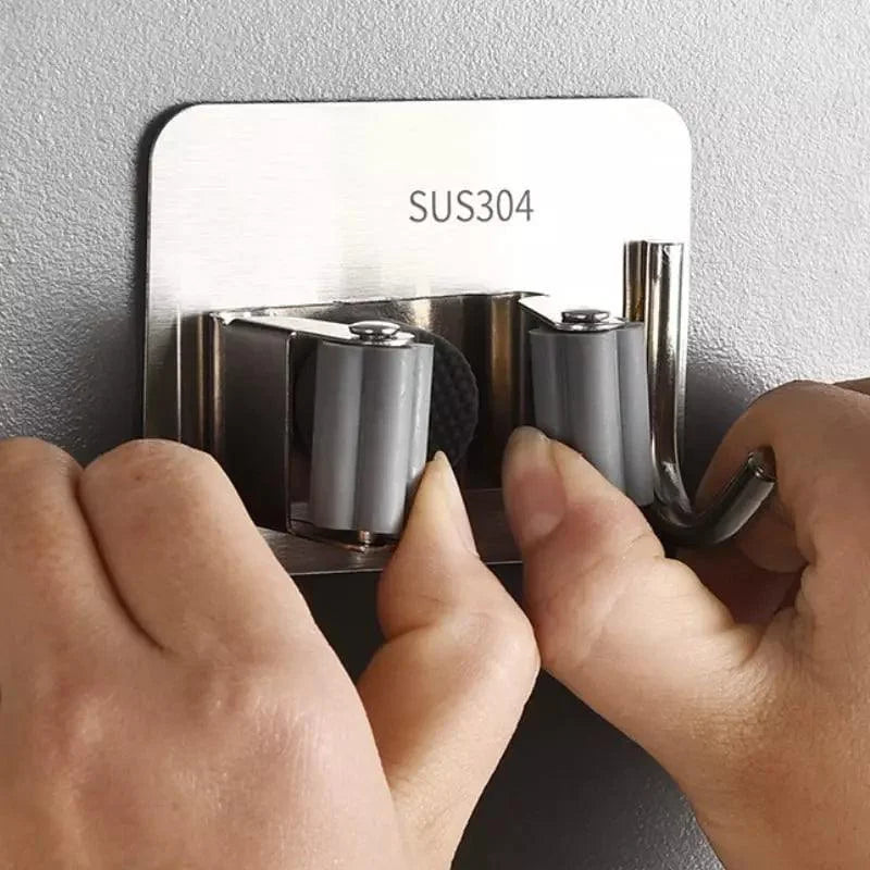 Suporte de Vassoura Adesivo de Parede em Aço Inox com Gancho Lenogue
