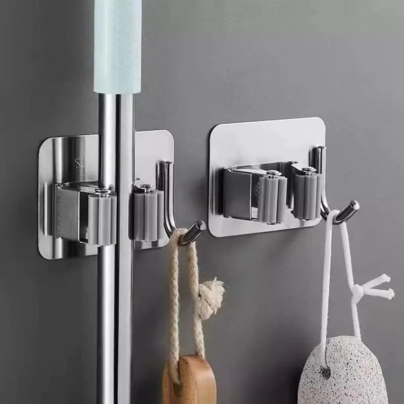 Suporte de Vassoura Adesivo de Parede em Aço Inox com Gancho Lenogue