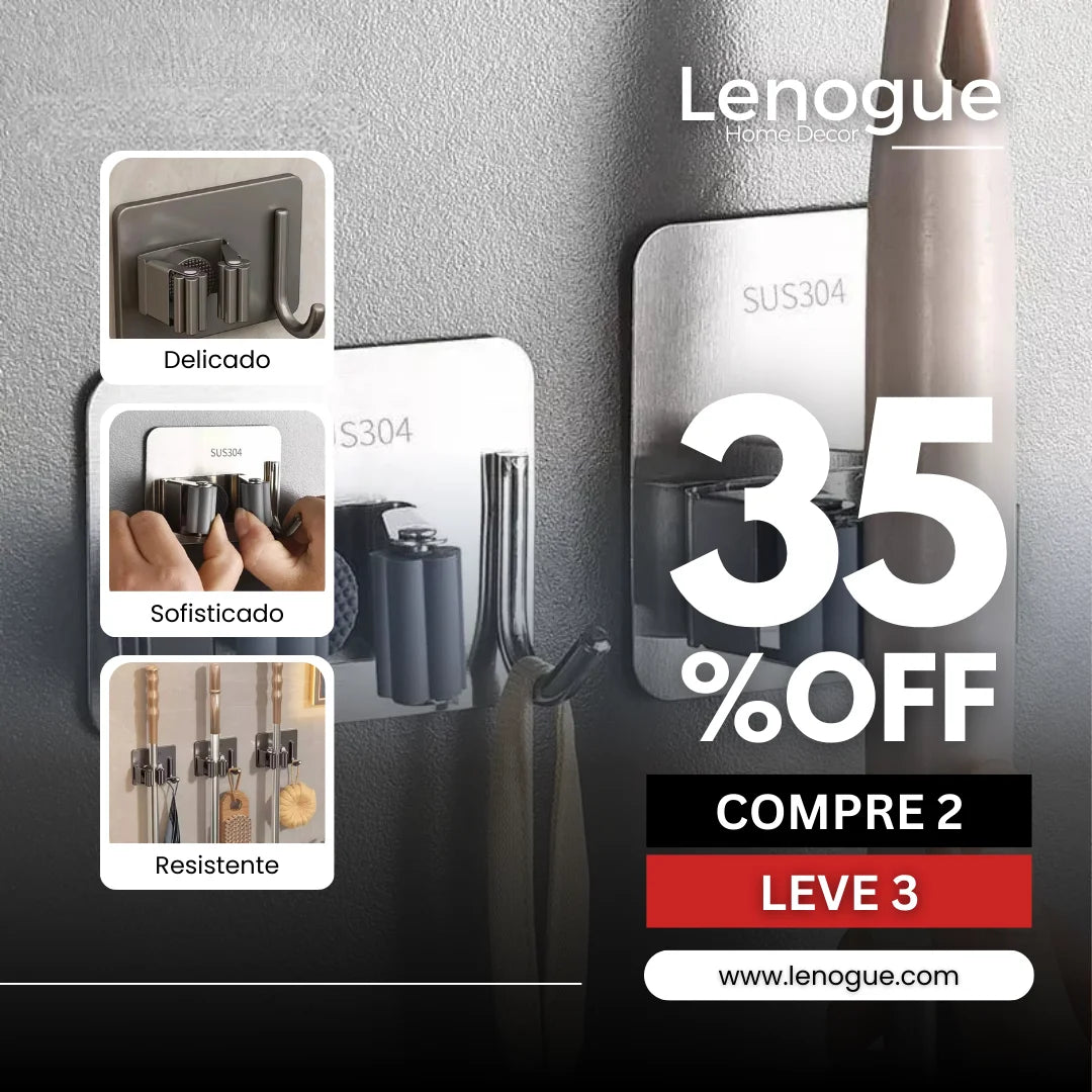 Suporte de Vassoura Adesivo de Parede em Aço Inox com Gancho Lenogue Preto / Compre 2 e <b>Leve 3</b>