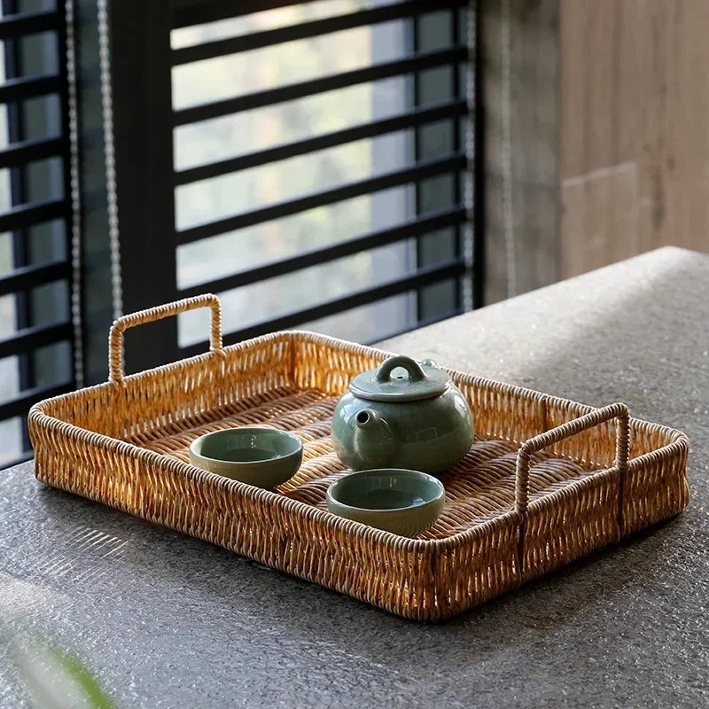 Bandeja Estilo Rattan com Alças para Servir, Decorar e Organizar Lenogue P (29 x 20,5cm)