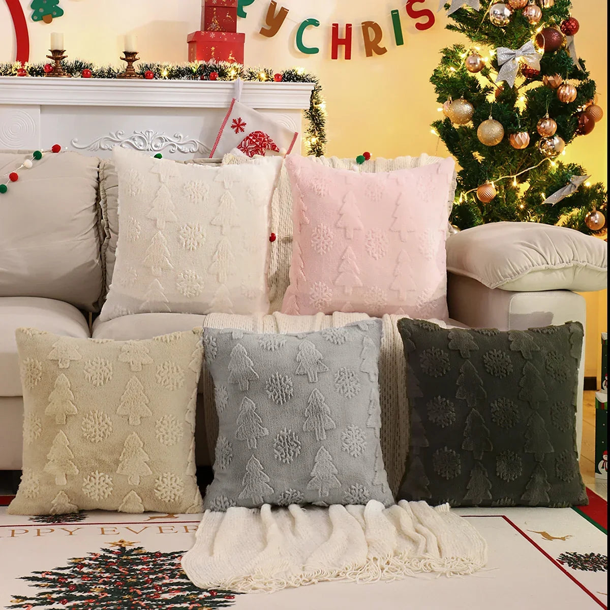 Capa de Almofada Natalina Plush Jacquard Floco de Neve Lenogue