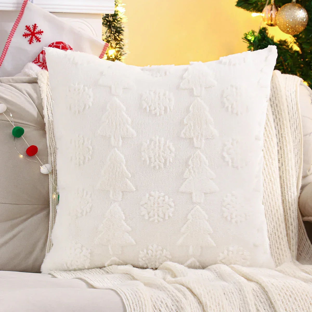Capa de Almofada Natalina Plush Jacquard Floco de Neve Lenogue Branco / 30 x 50 cm