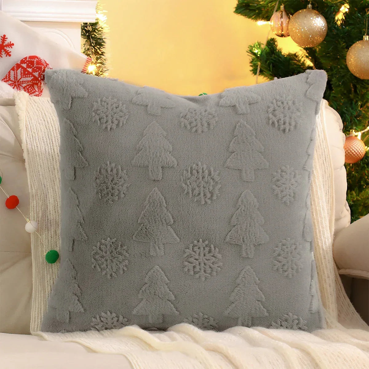 Capa de Almofada Natalina Plush Jacquard Floco de Neve Lenogue Cinza / 30 x 50 cm