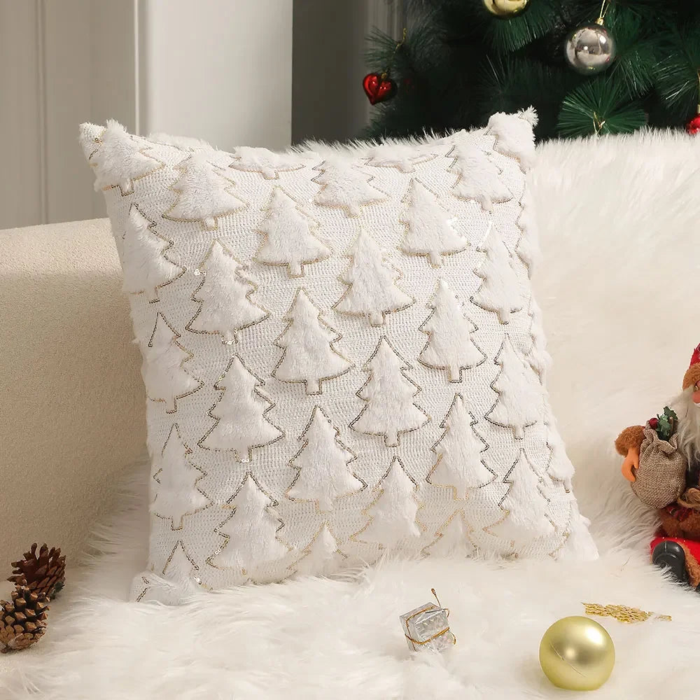Capa de Almofada Plush Bordada Decorativa para Sala de Natal Lenogue Branco / 45 x 45 cm