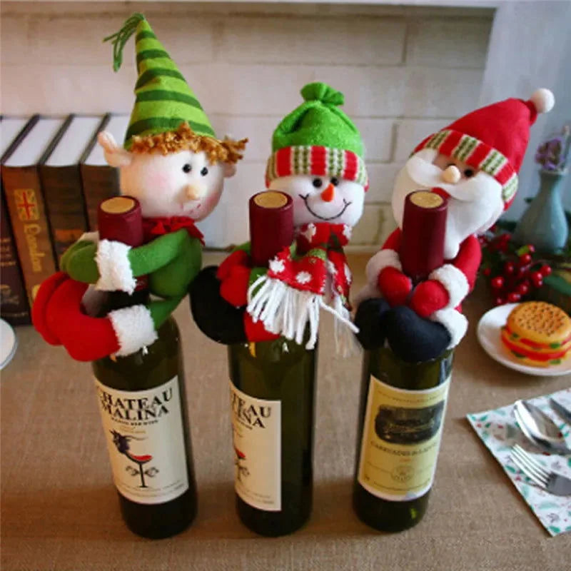 Capa para Garrafa de Vinho Natalina com Papai Noel e Boneco de Neve Lenogue 3 Peças ( Papai Noel - Boneco de Neve - Duende )