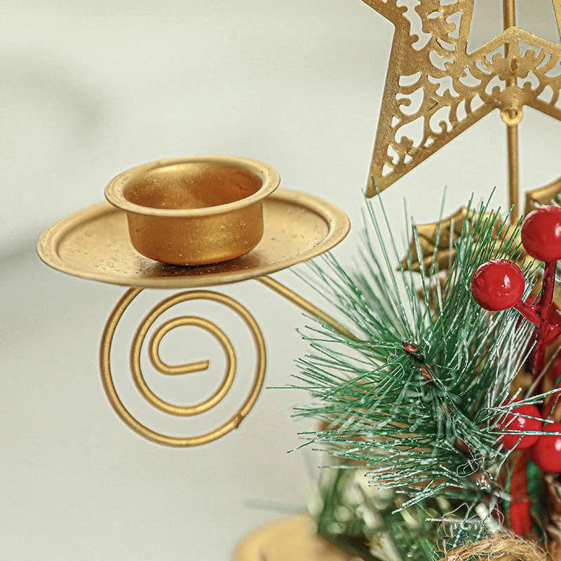 Castiçal de Ferro Dourado com Papai Noel e Rena Decoração Natal Lenogue