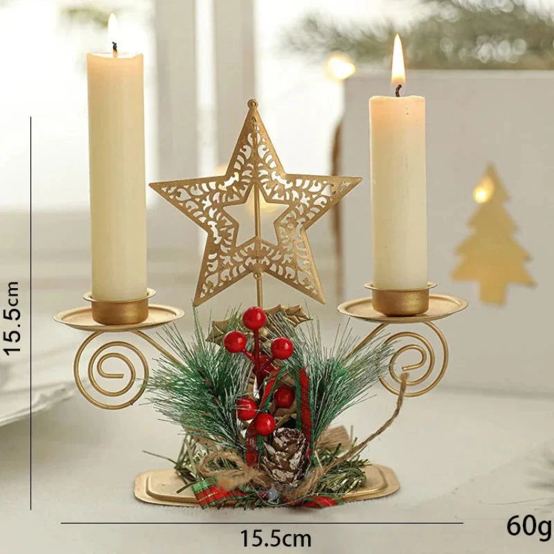 Castiçal de Ferro Dourado com Papai Noel e Rena Decoração Natal Lenogue Estrela