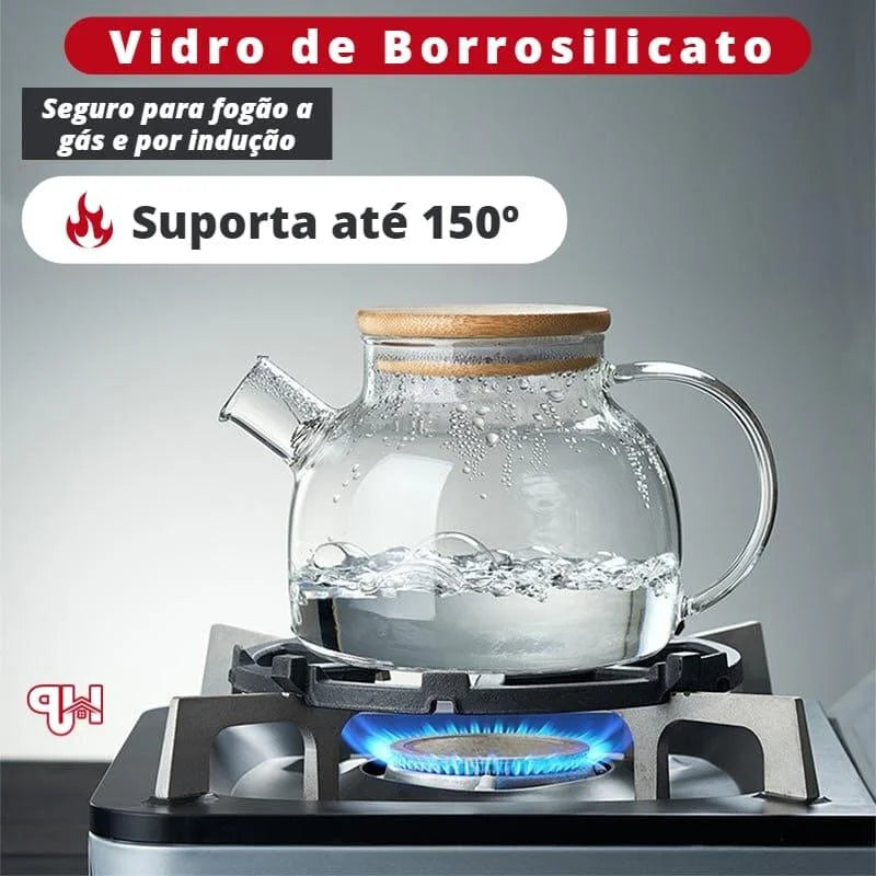 Chaleira de Vidro Borossilicato com Tampa de Bambu para Chá Lenogue