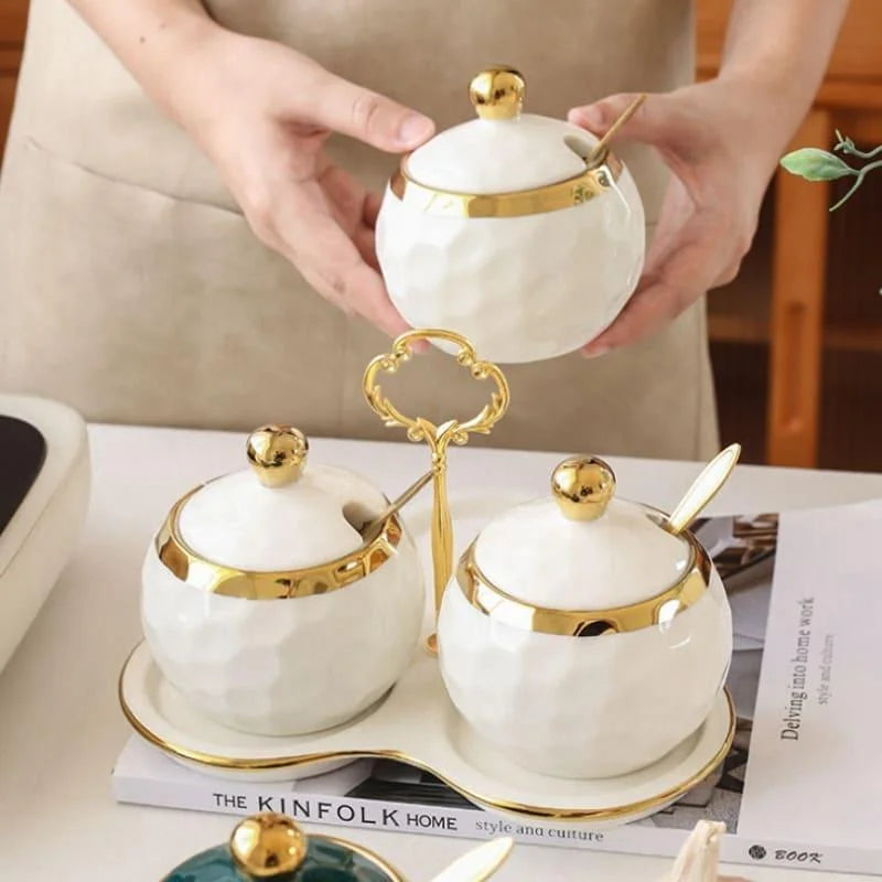 Conjunto de Potes de Cerâmica Açucareiro e Saleiro Branco para Cozinha Lenogue