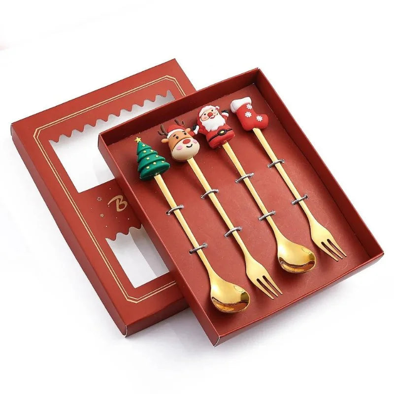 Conjunto de Talheres Inox Decorativos para Mesa de Natal 4 Peças Lenogue