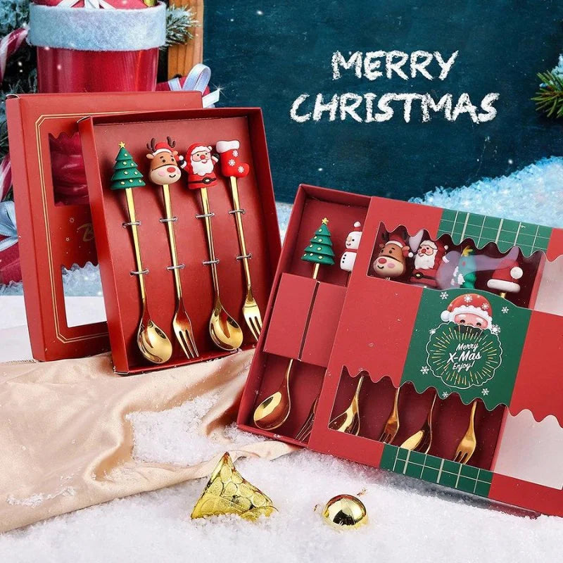 Conjunto de Talheres Inox Decorativos para Mesa de Natal 4 Peças Lenogue