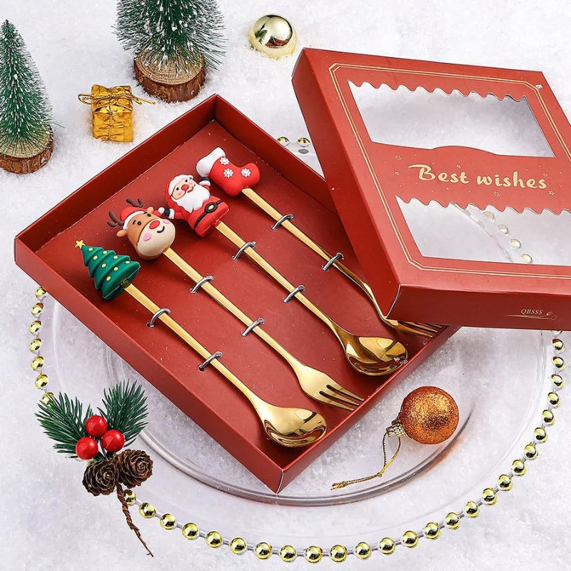 Conjunto de Talheres Inox Decorativos para Mesa de Natal 4 Peças Lenogue 4 Peças