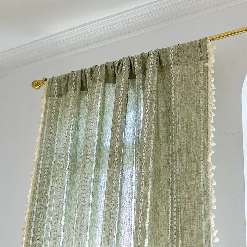 Cortina Verde Sage com Textura e Tassel para Quarto e Sala Lenogue