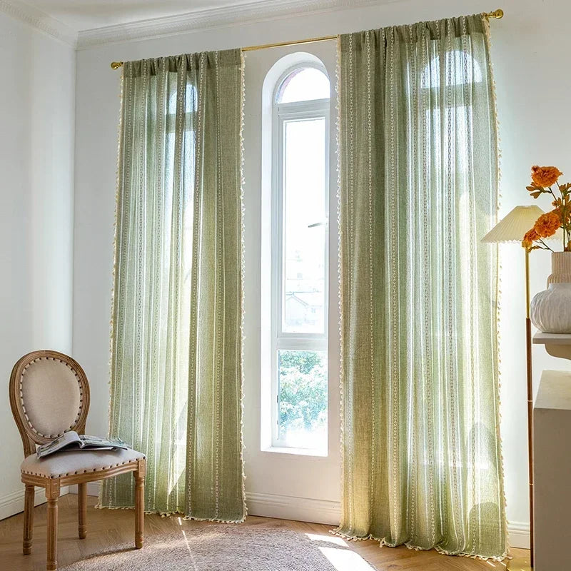 Cortina Verde Sage com Textura e Tassel para Quarto e Sala Lenogue