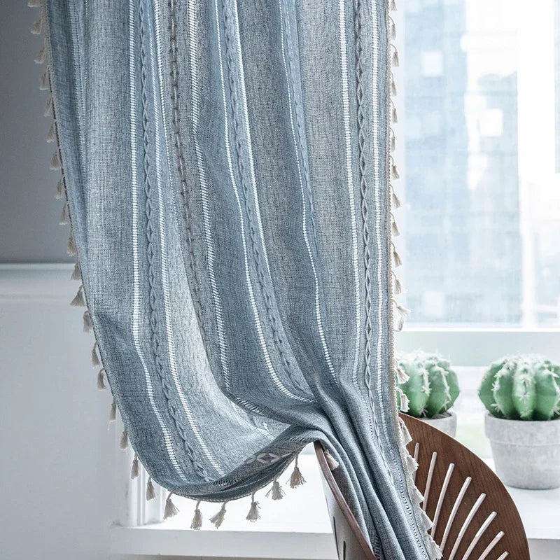 Cortina Verde Sage com Textura e Tassel para Quarto e Sala Lenogue Azul / 140 x 120 cm