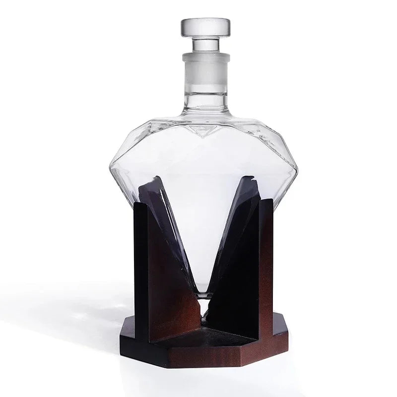 Decanter de Vidro em Formato Diamante com Suporte de Madeira Lenogue