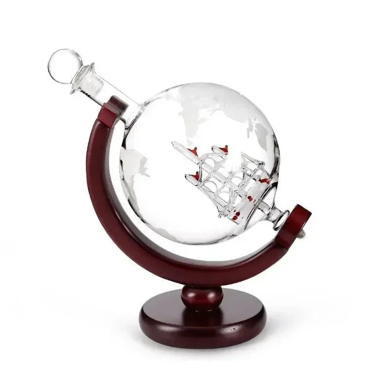 Decanter de Vidro em Formato de Globo com Suporte de Madeira Lenogue