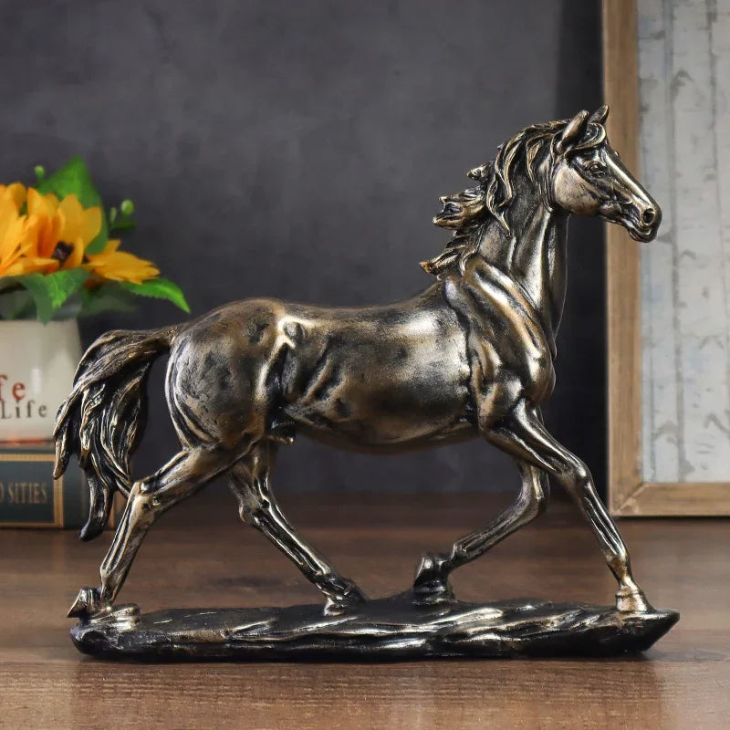 Escultura Cavalo em Resina Estilo Chinês Pose em Galope Lenogue Bronze