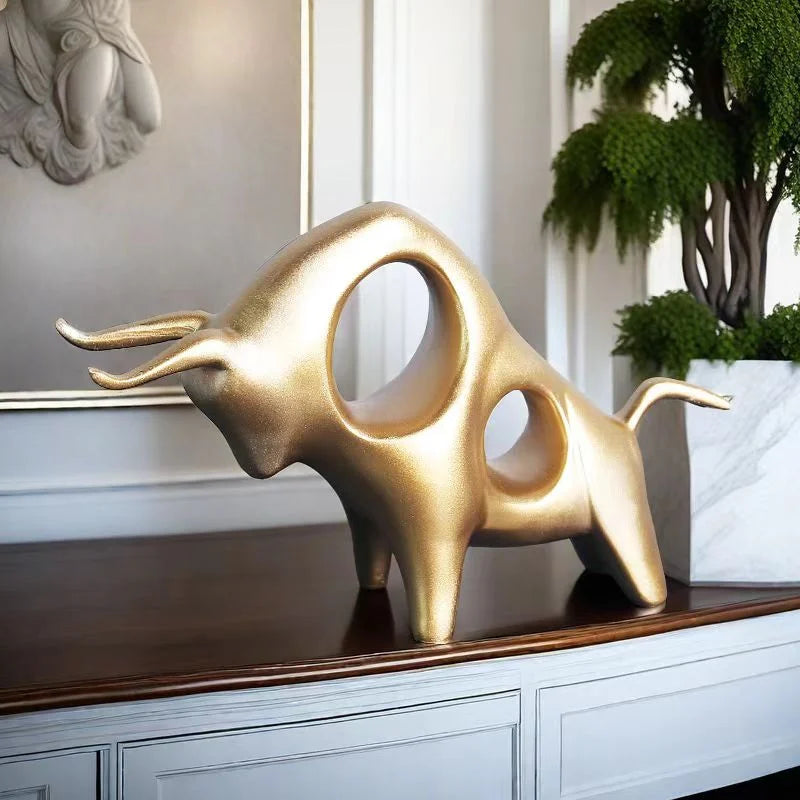 Estátua de Touro Dourado Abstrata em Resina para Decoração Lenogue