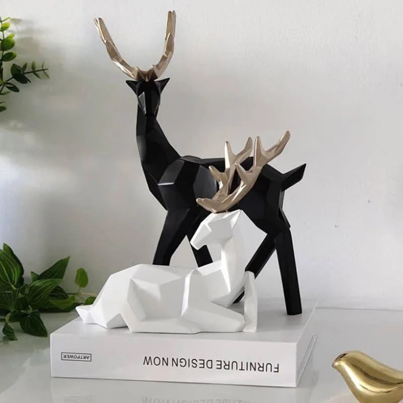 Estátuas de Cervo para Decoração de Mesa em Resina 2 Peças Lenogue Preto e Branco