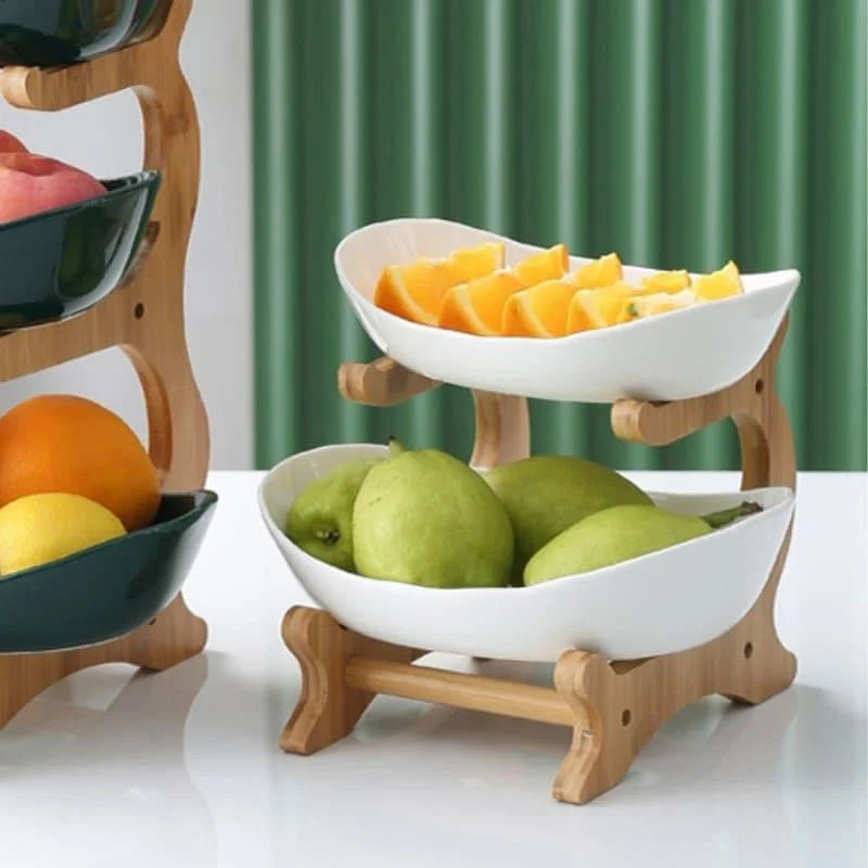 Fruteira de Bambu Natural Cestas Empilháveis para Organizar Frutas Lenogue Branco (2 Camadas)