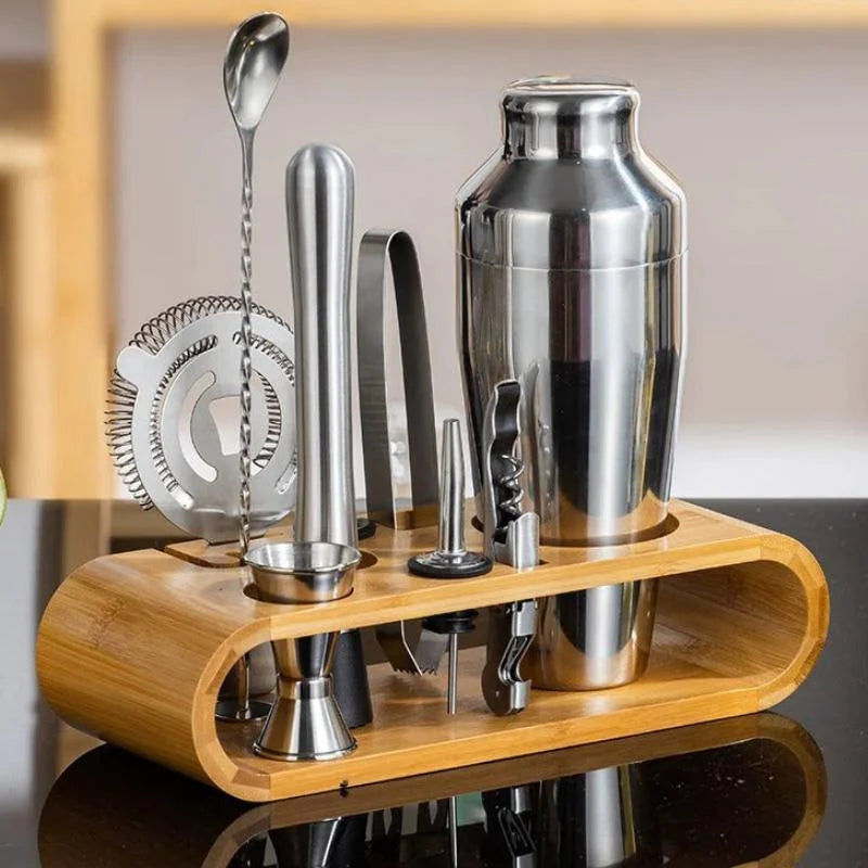 Kit Bartender 10 Peças de Aço Inox com Suporte de Bambu Lenogue Prata