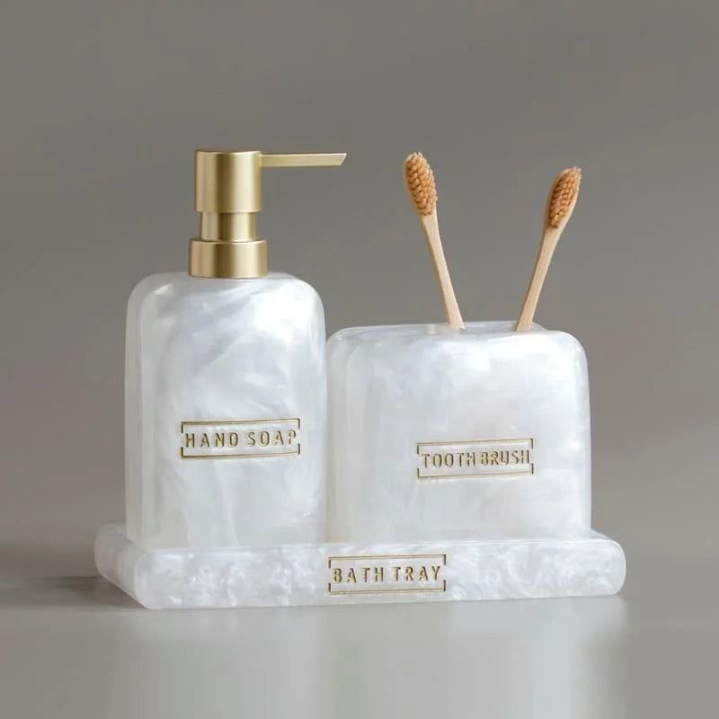 Kit para Banheiro Resina Dourado com Dispenser e Porta Escova 3 Peças Lenogue Branco Pérola