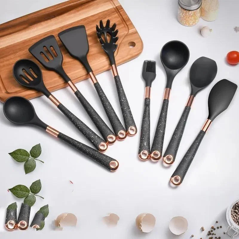 Kit Utensílios de Cozinha 10 Peças em Silicone Rosé com Organizador Lenogue Preto + Suporte