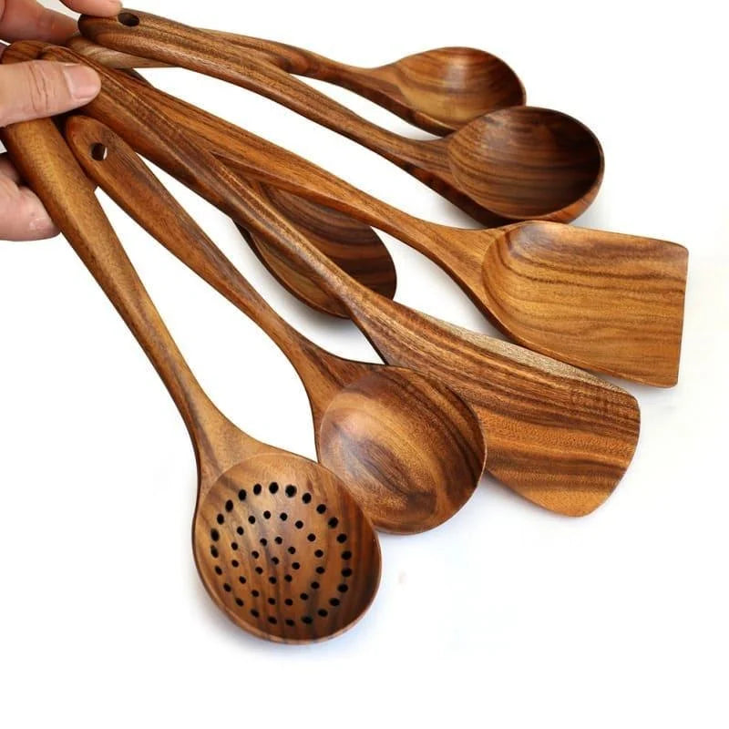 Kit Utensílios de Cozinha 7 Peças em Madeira Teca Lenogue (conj. Peças)
