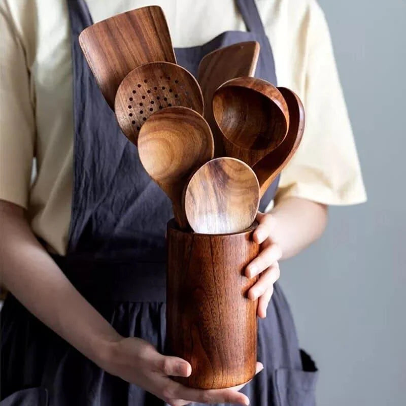 Kit Utensílios de Cozinha 7 Peças em Madeira Teca Lenogue (conj. Peças)