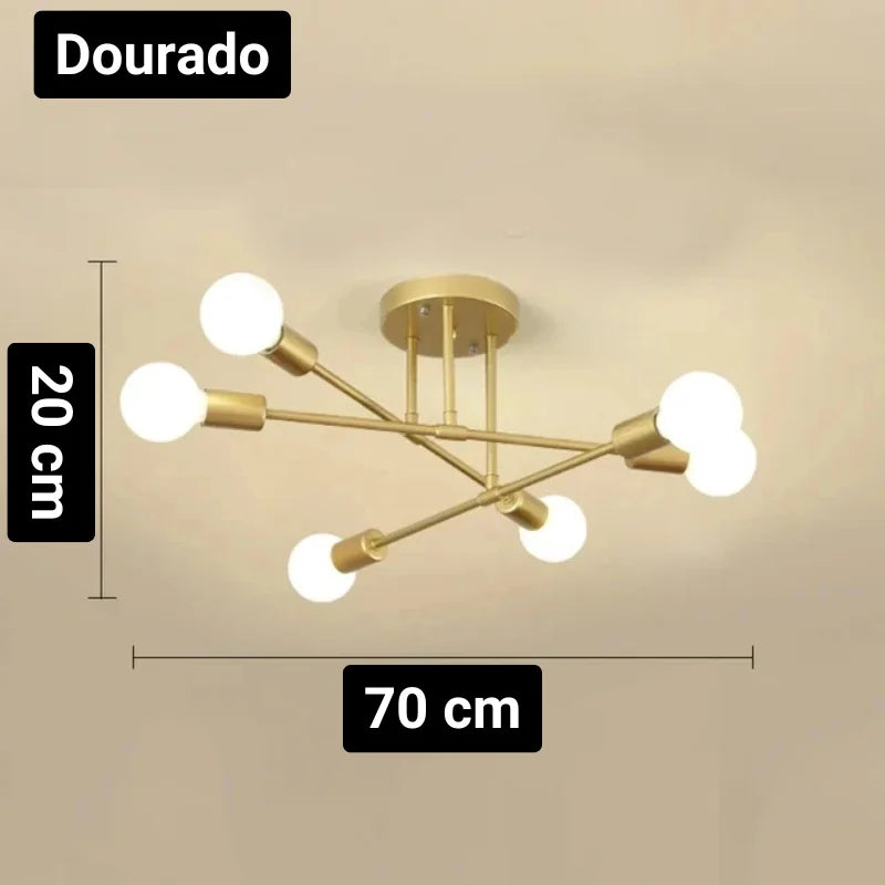 Lustre Led Nórdico Preto e Dourado para Quarto e Sala Lenogue