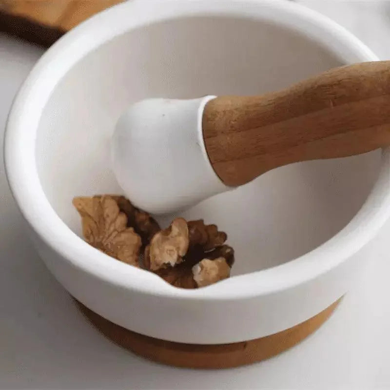 Pilão e Macerador de Cerâmica com Base de Madeira para Cozinha Lenogue