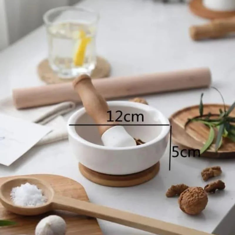 Pilão e Macerador de Cerâmica com Base de Madeira para Cozinha Lenogue