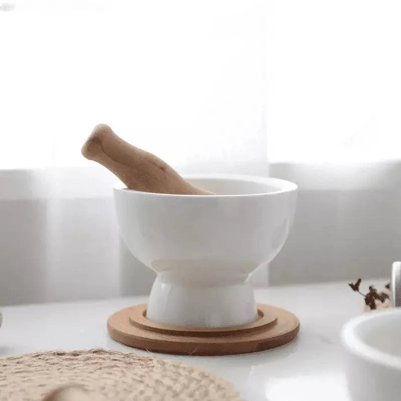 Pilão e Macerador de Cerâmica com Base de Madeira para Cozinha Lenogue Médio