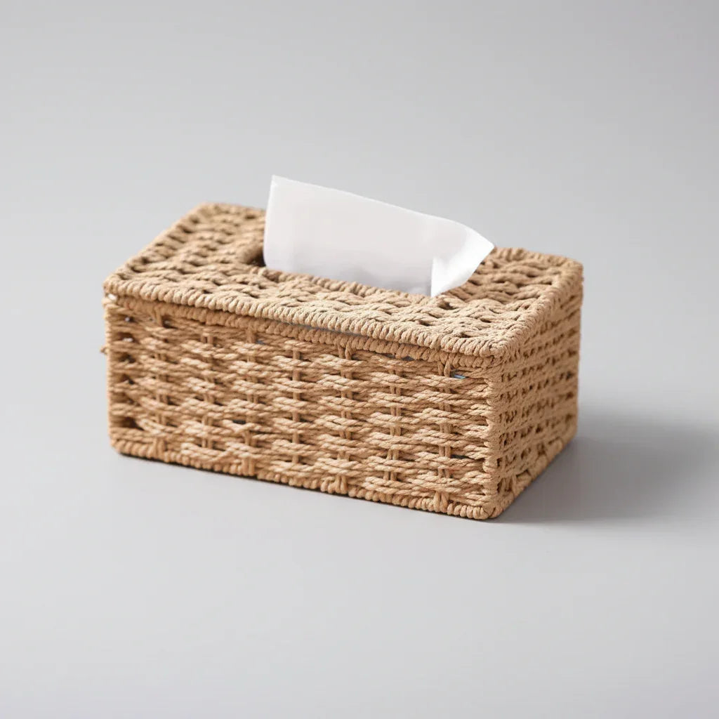 Porta-lenços Decorativo Tissé Textura Rattan Estrutura Metal Lenogue Caqui