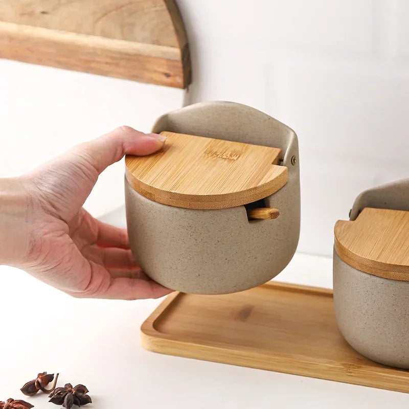 Pote de Temperos de Cerâmica Estilo Japonês com Tampa de Bambu Lenogue