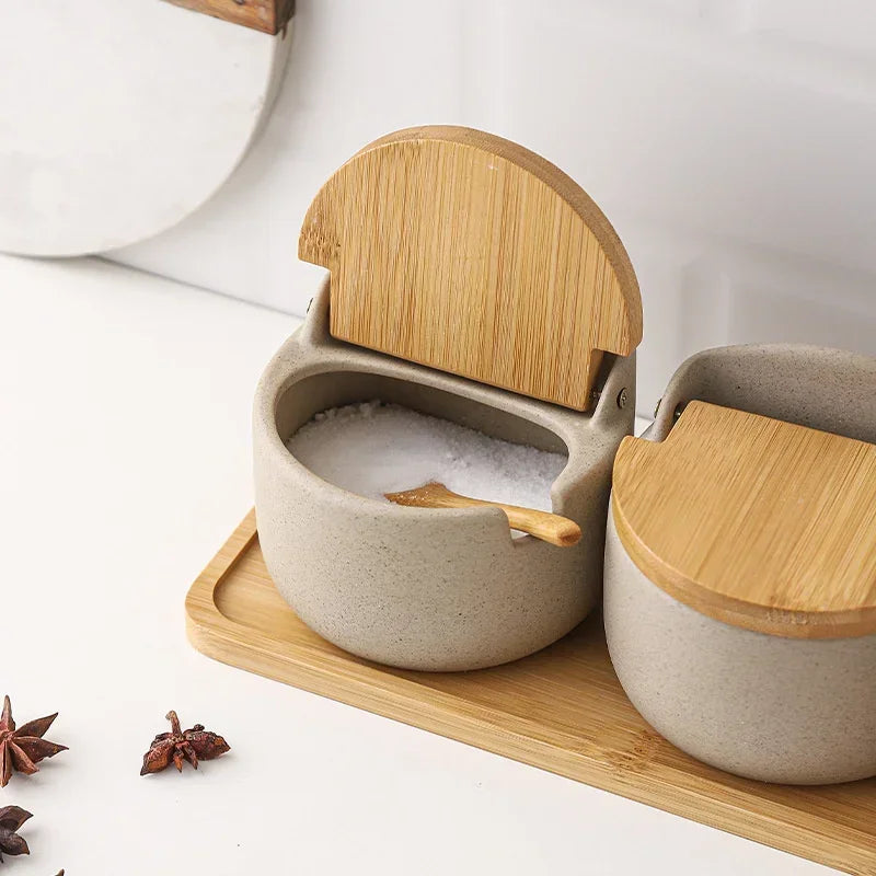 Pote de Temperos de Cerâmica Estilo Japonês com Tampa de Bambu Lenogue