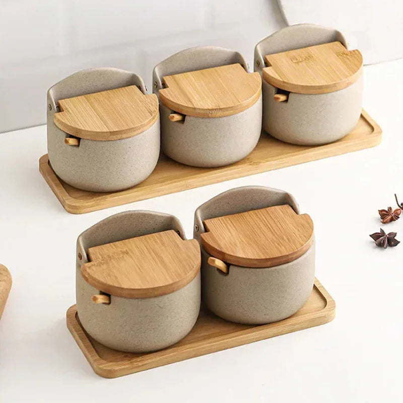 Pote de Temperos de Cerâmica Estilo Japonês com Tampa de Bambu Lenogue